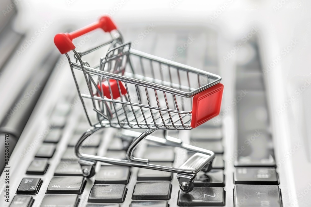 Shopping Cart on Keyboard Representing Secure Ecommerce and Online Shopping Convenience in Digital Environment