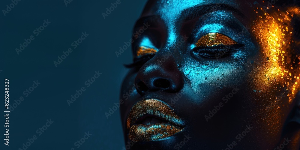 Close-Up of Woman with Gold and Blue Glitter Makeup Close-Up of Woman with Gold and Blue Glitter Makeup