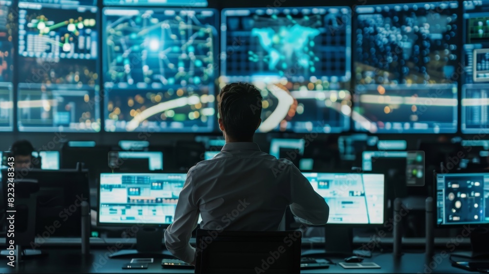 A traffic control room with large screens displaying realtime data and predictions from AI traffic systems. A traffic control room with large screens displaying realtime data and predictions from AI traffic systems.