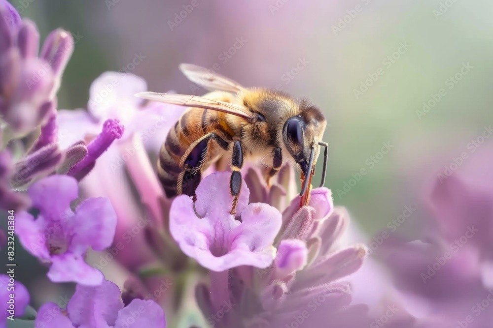 Detailed photograph of a bee pollinating flowers and collecting nectar, highlighting the important role bees play in honey production. Detailed photograph of a bee pollinating flowers and collecting nectar, highlighting the important role bees play in honey production.