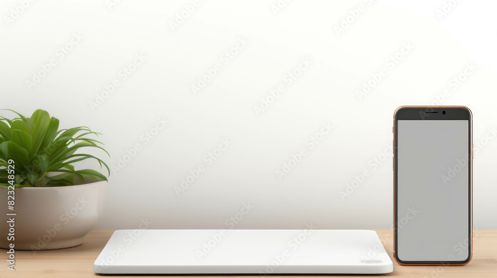 Phone mockup and notebook on office desk, modern office workspace with phone and plant Phone mockup and notebook on office desk, modern office workspace with phone and plant