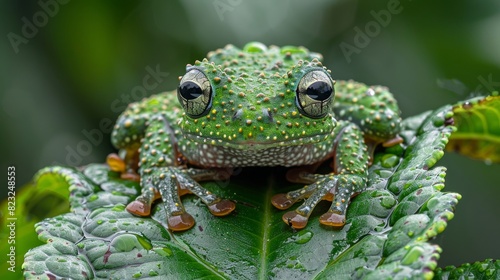 Theloderma corticale (Vietnamese mossy frog) camouflage on leaves, moss tree frog camouflage on leaves, mossy tree frog on leaves photo