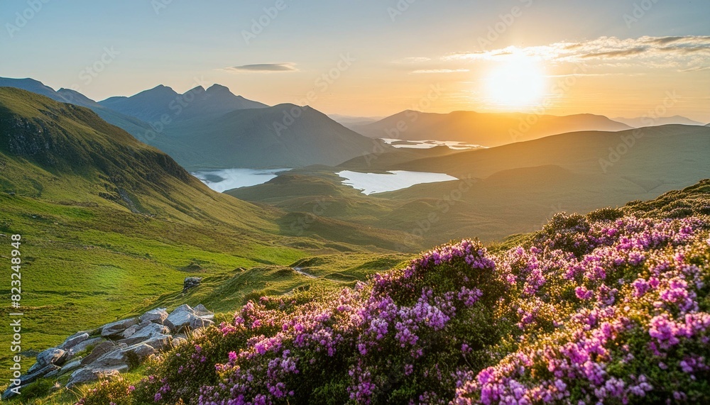 sunset over scottish highlands landscape with purple heather blooms green rolling hills lochs leading to distant mountains beauty