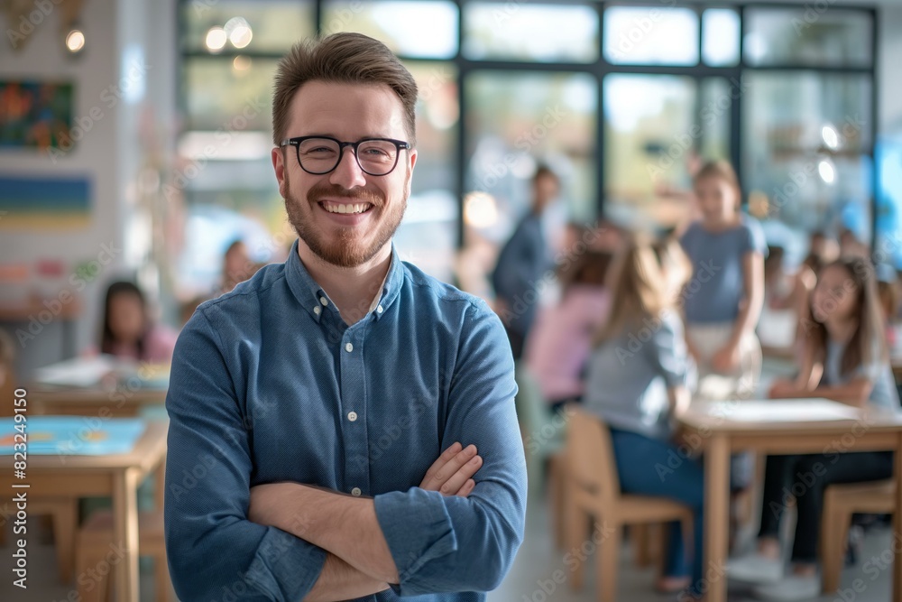 young smiling school teacher with blurred modern classroom with kids in the background, back to school young smiling school teacher with blurred modern classroom with kids in the background, back to school