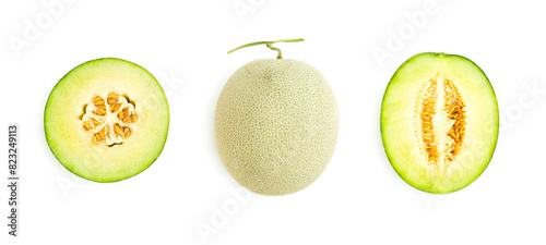 Cantaloupe melon cut in half isolated on white background, Green melon	