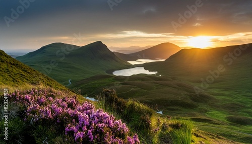 sunset over scottish highlands landscape with purple heather blooms green rolling hills lochs leading to distant mountains beauty