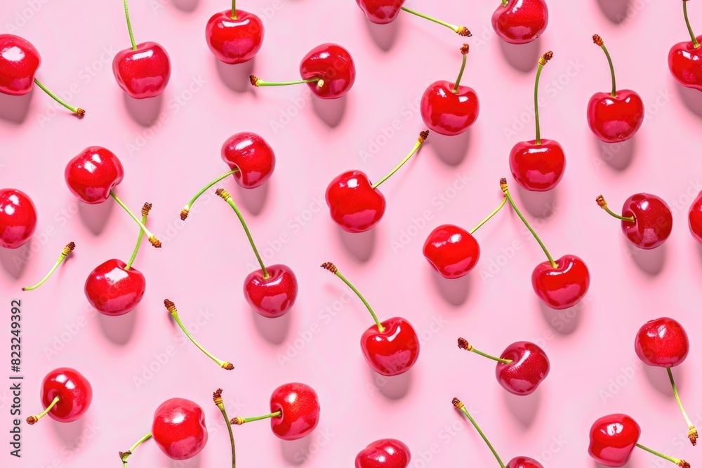 Vibrant Red Cherries Scattered on a Soft Pink Background for Fresh Summer Design Vibrant Red Cherries Scattered on a Soft Pink Background for Fresh Summer Design