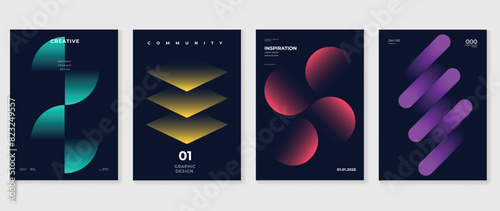 Abstract gradient poster background vector set. Minimalist style cover template with vibrant perspective 3d geometric prism shapes collection. Ideal design for social media, cover, banner, flyer.