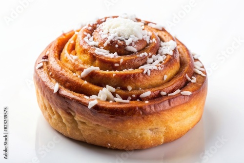 One cinnamon roll isolated on white background, sweet bun, cromboloni