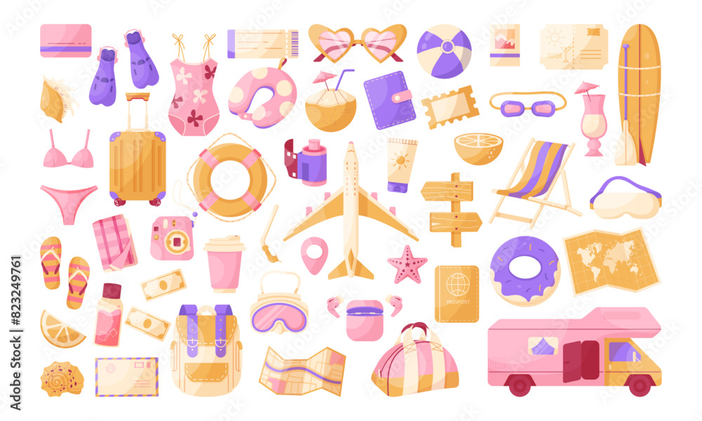 Summer vacation destination. Big set of vector elements for travel, summer holidays, vacation, tourism Summer vacation destination. Big set of vector elements for travel, summer holidays, vacation, tourism