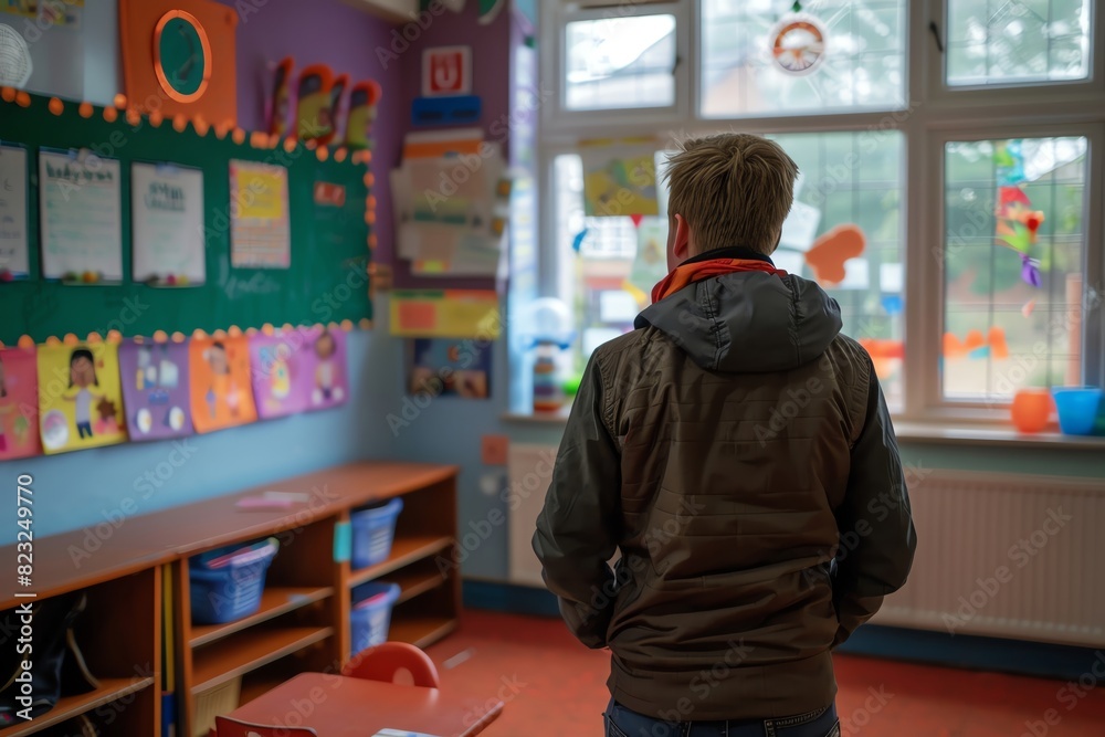 A person wearing a jacket looks out of the window in a colorful classroom filled with decorations and educational materials. A person wearing a jacket looks out of the window in a colorful classroom filled with decorations and educational materials.