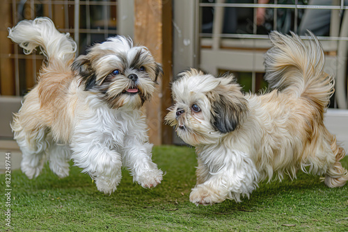 Two cute Shih Tzu pups playing and springing together, AI generated