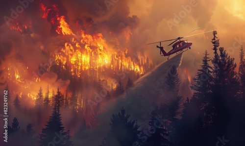 helicopter fighting a forest fire, natural disaster, extinguishing the forest using helicopters. A helicopter drops water over a burning forest.