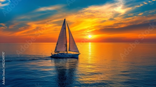 A sailboat gliding over calm ocean waters during a stunning sunset, casting beautiful reflections on the sea.