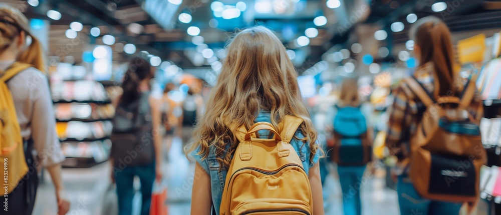 A young girl with a yellow backpack walks through a busy school hallway, surrounded by students wearing backpacks, under bright lights. A young girl with a yellow backpack walks through a busy school hallway, surrounded by students wearing backpacks, under bright lights.