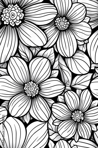 A black and white drawing of flowers with a lot of detail