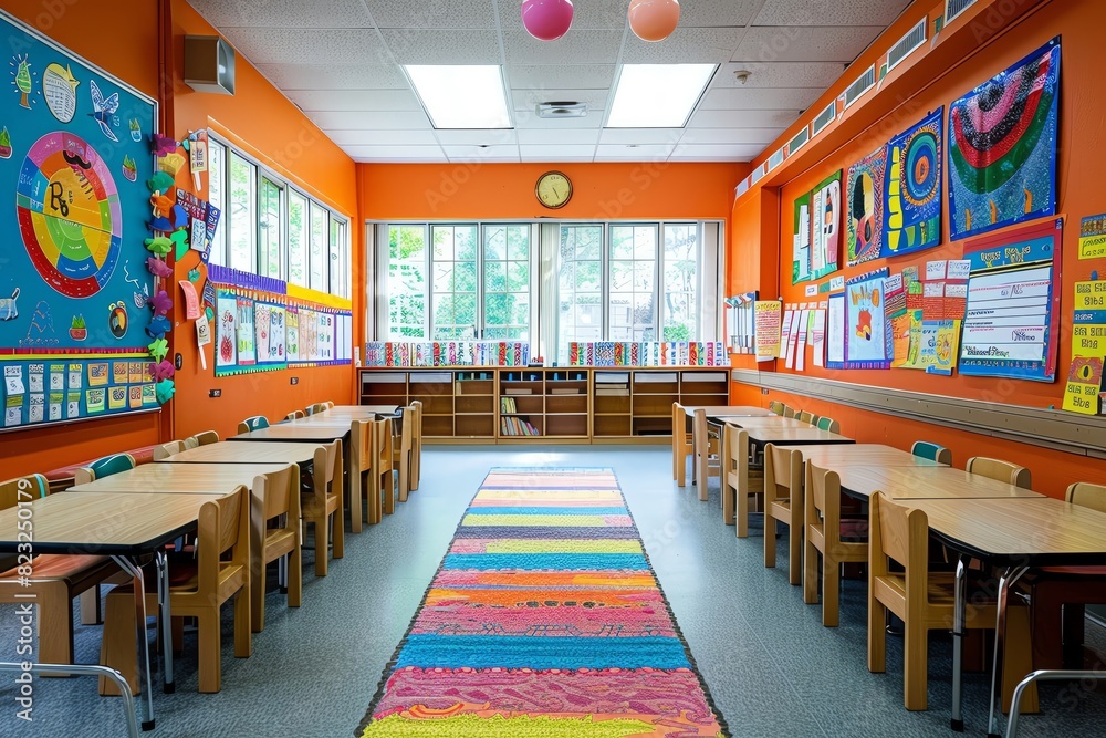 Bright and colorful elementary school classroom with vibrant decorations, desks, and a rainbow rug, ready for students to learn and explore.