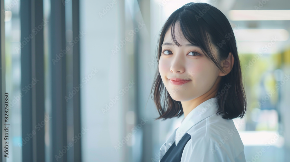 A stunning young Japanese professional in her early to mid-twenties donning corporate attire.