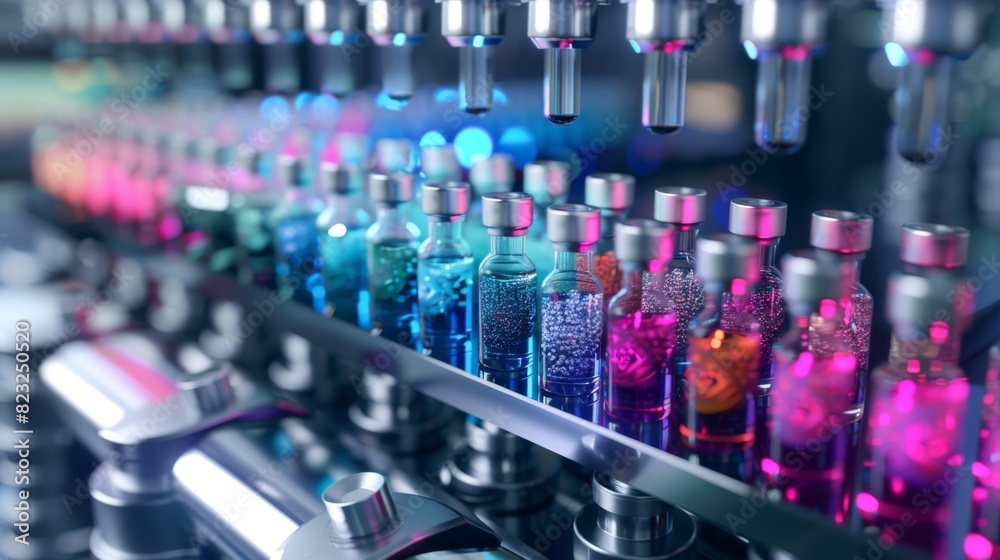A machine filled with vials of colorful substances each one representing a different stage of a biotech experiment.