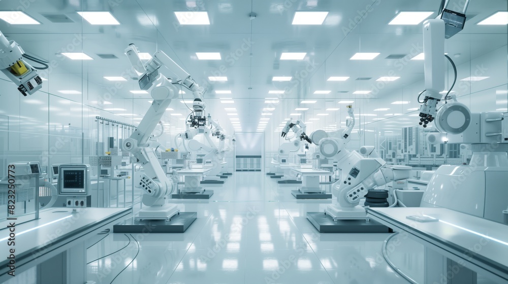 A futuristic cleanroom for advanced electronic research with robotic arms assembling intricate circuits.