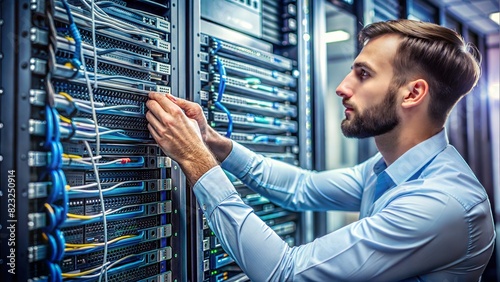 Network Engineer with Server Rack: A close-up of a network engineer working with a server rack, emphasizing the importance of IT infrastructure in business.

