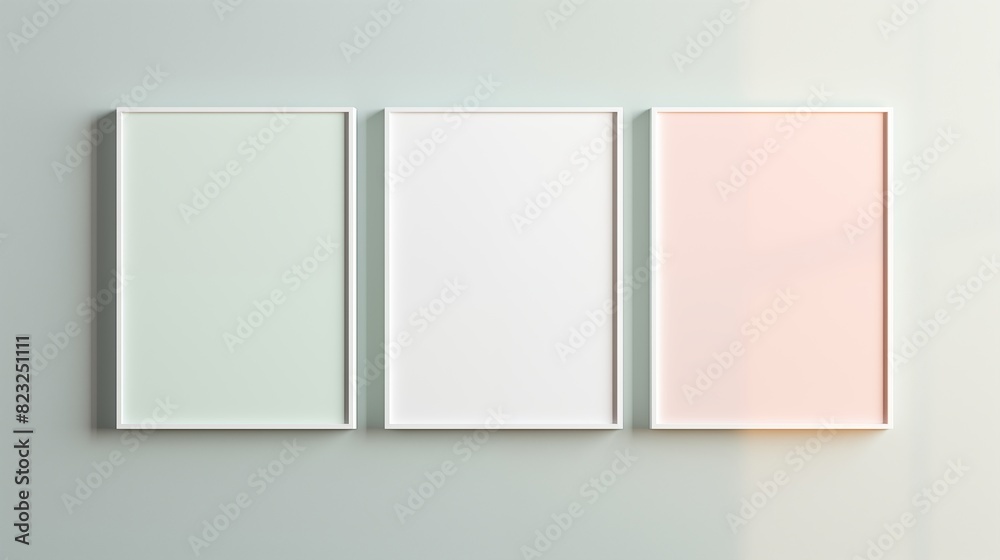 Minimalistic Wall Art Display with Three Framed Canvases in Pastel Colors Minimalistic Wall Art Display with Three Framed Canvases in Pastel Colors