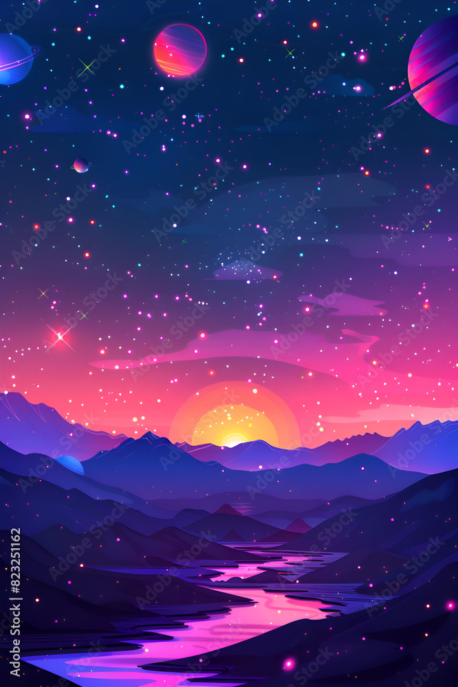 Fototapeta premium A beautiful painting of a starry night sky with a large planet and a smaller planet in the foreground. The sky is filled with stars and the sun is setting in the background