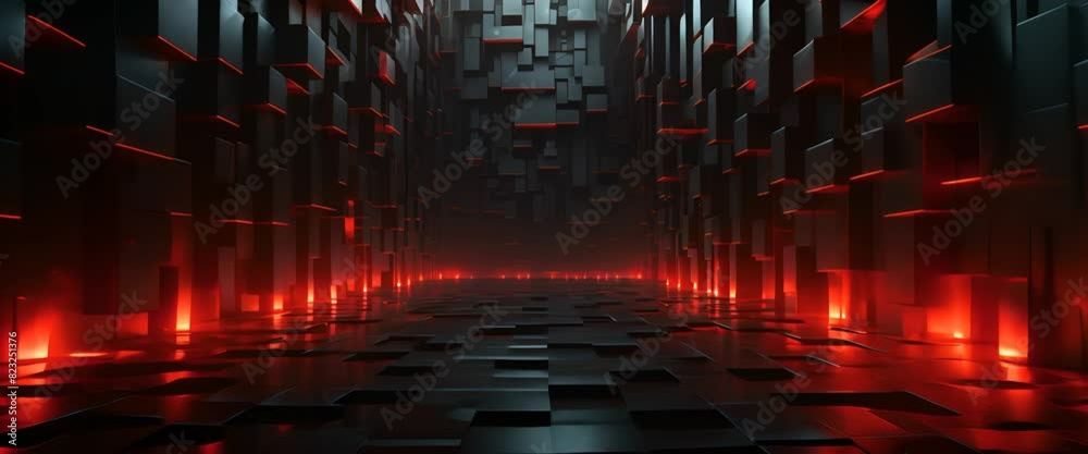 Dark, minimalist 3D alley enhanced with geometric graffiti,