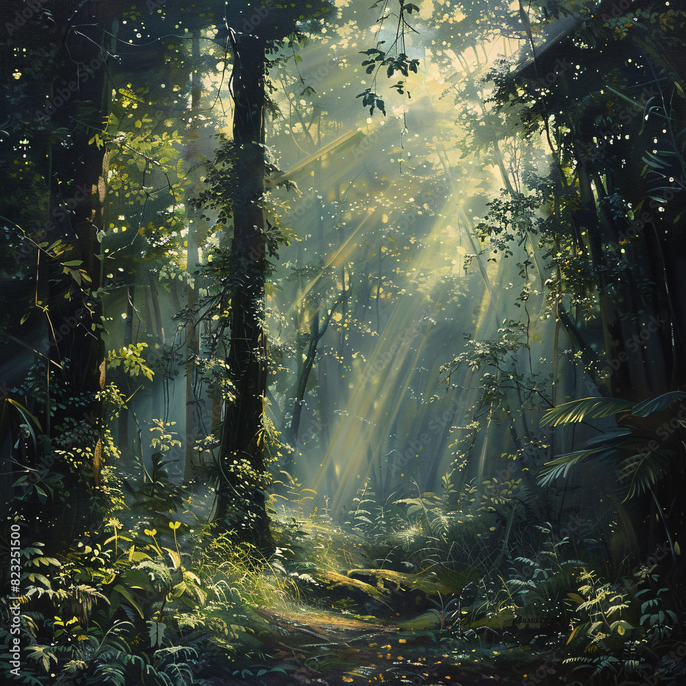 Fototapeta premium Tranquility envelops a lush forest, with sunlight filtering through the canopy of leaves. The dappled light creates a serene ambiance, casting enchanting patterns on the forest floor.The gentle rustle