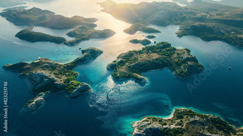 Viewed from above  the expansive sea stretches out  dotted with picturesque islands.azure waters shimmer under bright sun  while the islands  lush greenery contrasts beautifully against blue backdrop.
