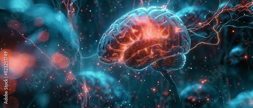 Artificial intelligence concept with a digital brain and neural connections glowing against a futuristic background representing advanced technology. photo