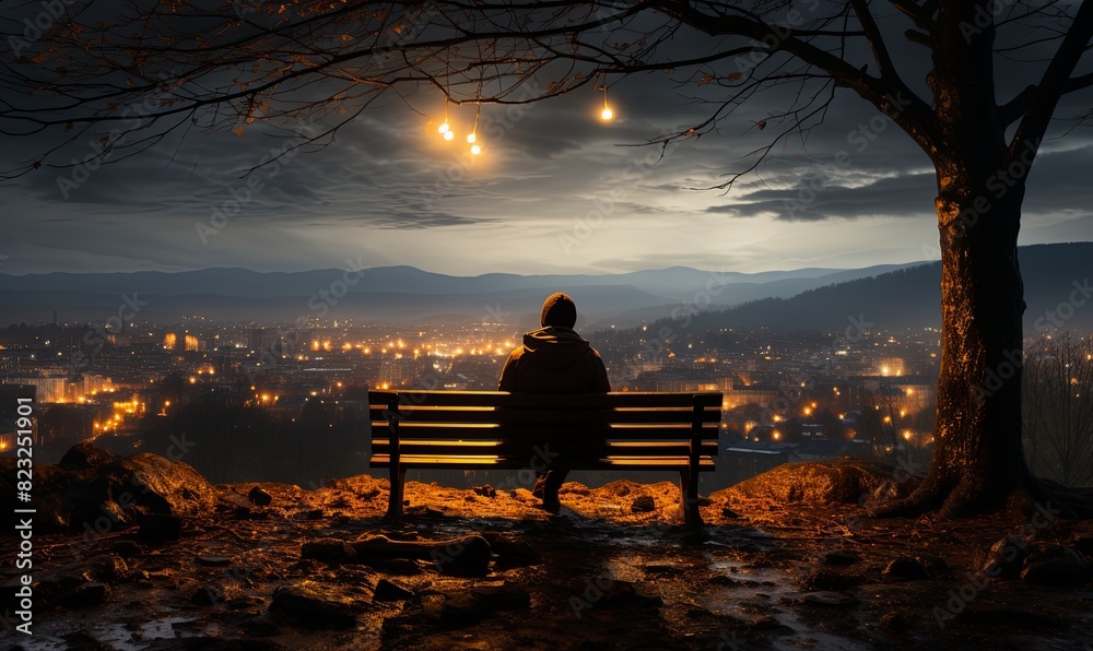 Person Sitting on Bench Looking at City Person Sitting on Bench Looking at City