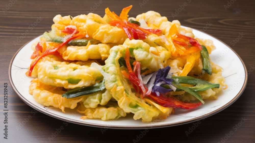 Plate loaded with colorful tempura veggies Plate loaded with colorful tempura veggies