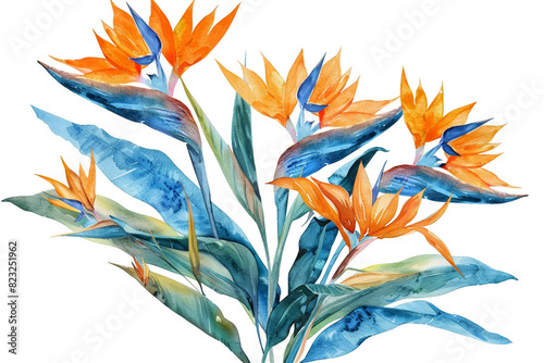 Watercolor bird of paradise clipart featuring exotic orange and blue flowers 