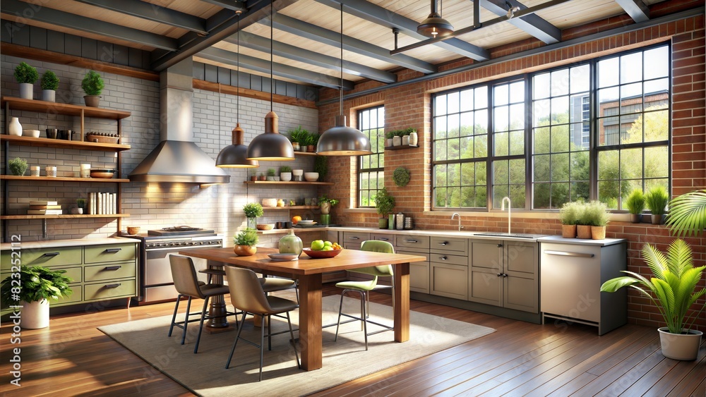 beautiful loft-style kitchen interior, super realistic photo, promotional photo