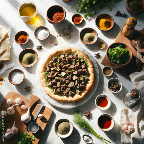 Traditional Djiboutian Fatah Dish on Marble Counter photo