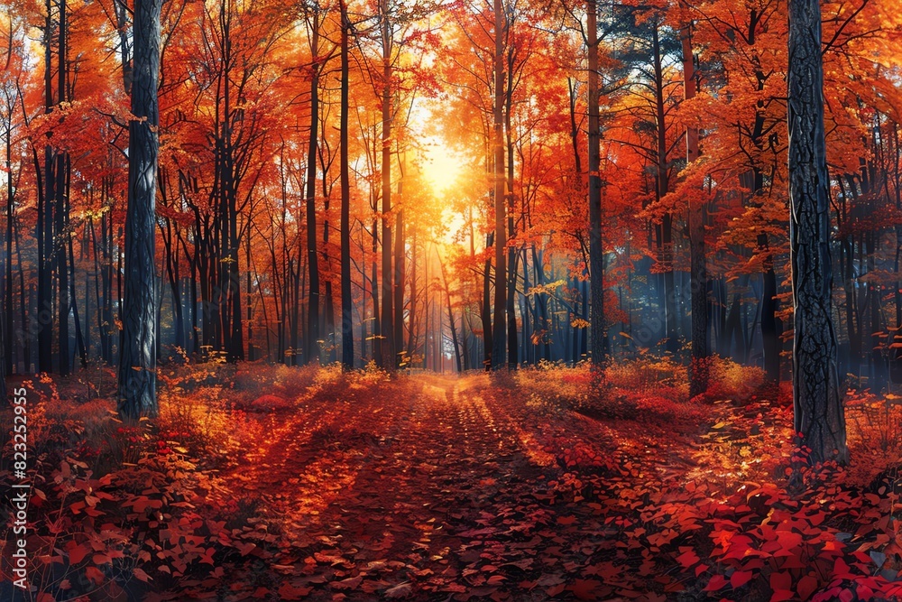 Beautiful autumn forest with vibrant red and orange leaves, sunlight streaming through trees, creating a picturesque and serene landscape.