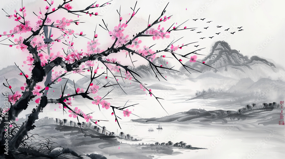 Landscape with sakura blossom and distant mountains.
