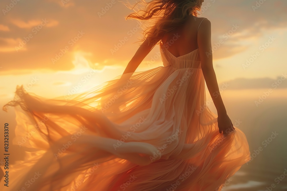 A dreamy woman in a flowing dress stands against a breathtaking sunset, her hair gently blowing in the wind. A dreamy woman in a flowing dress stands against a breathtaking sunset, her hair gently blowing in the wind.
