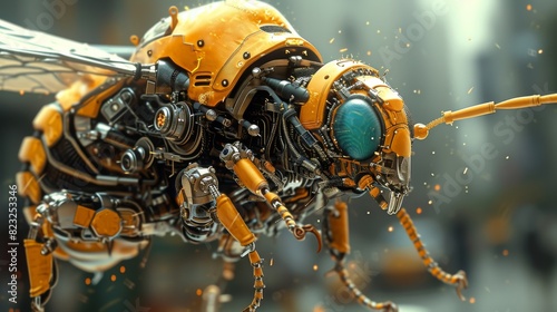 A detailed depiction of a yellow mechanical bee with intricate designs, featuring dynamic motion and vibrant colors, ideal for futuristic concepts.
