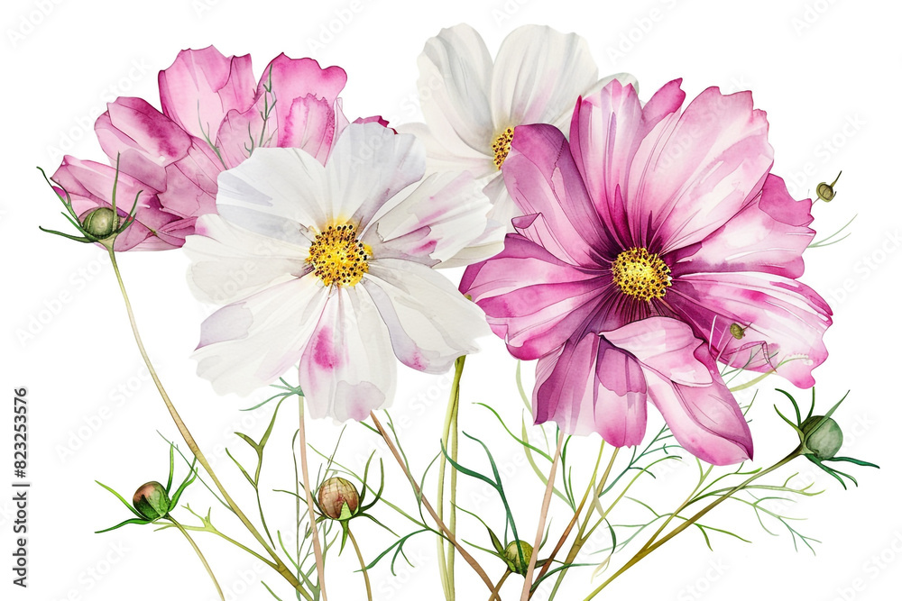 Watercolor cosmos clipart with delicate pink and white flowers Watercolor cosmos clipart with delicate pink and white flowers