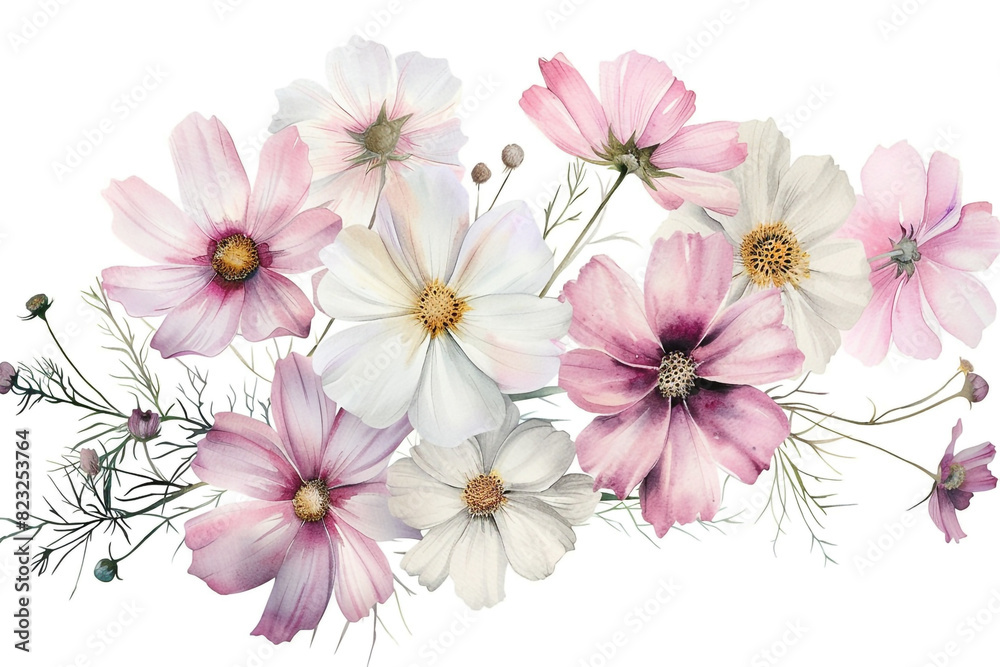 Watercolor cosmos clipart with delicate pink and white flowers 