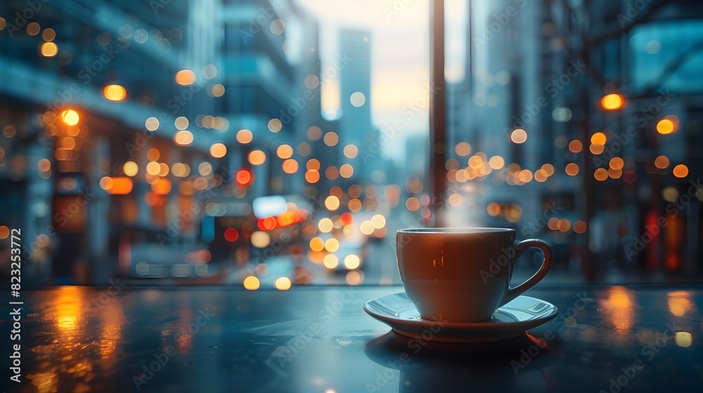 Vibrant City Nightscape with Cozy Coffee Break Moment Vibrant City Nightscape with Cozy Coffee Break Moment