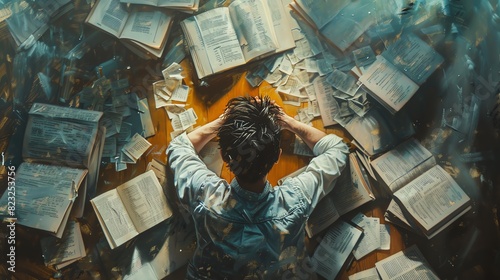 Man overwhelmed with books and papers, representing stress from intense study or work. Captures the emotional strain of academic pressure.