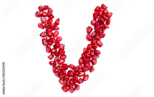 V English Alphabet Capital Letter Written with Pomegranate Seeds Isolated on White Background, Kindergarten Children Education Concepts