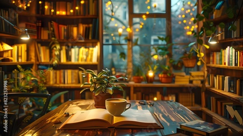 Cozy Bookshop Haven with Warm Lighting and a Cup of Coffee on Wooden Table