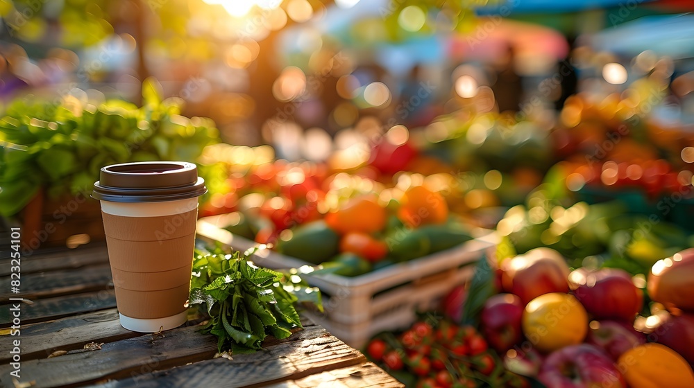 Vibrant Farmers Market with Fresh Produce and Refreshing Coffee Concept