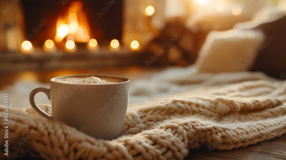 Cozy Fireplace Nook with Warm Beverage and Soft Blanket for Relaxing Winter Evenings