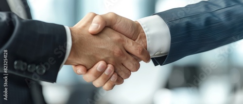 Businessmen sealing a deal with a handshake in a glass office