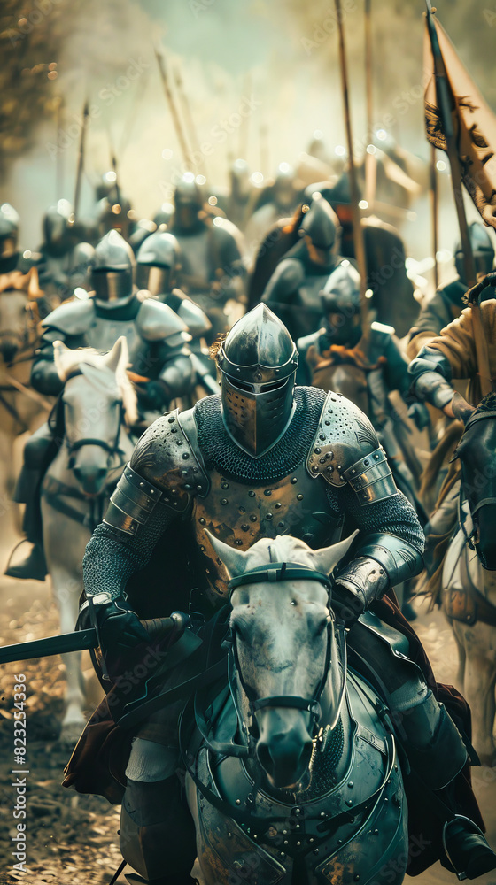 A cinematic still of medieval knights in armor charging into battle